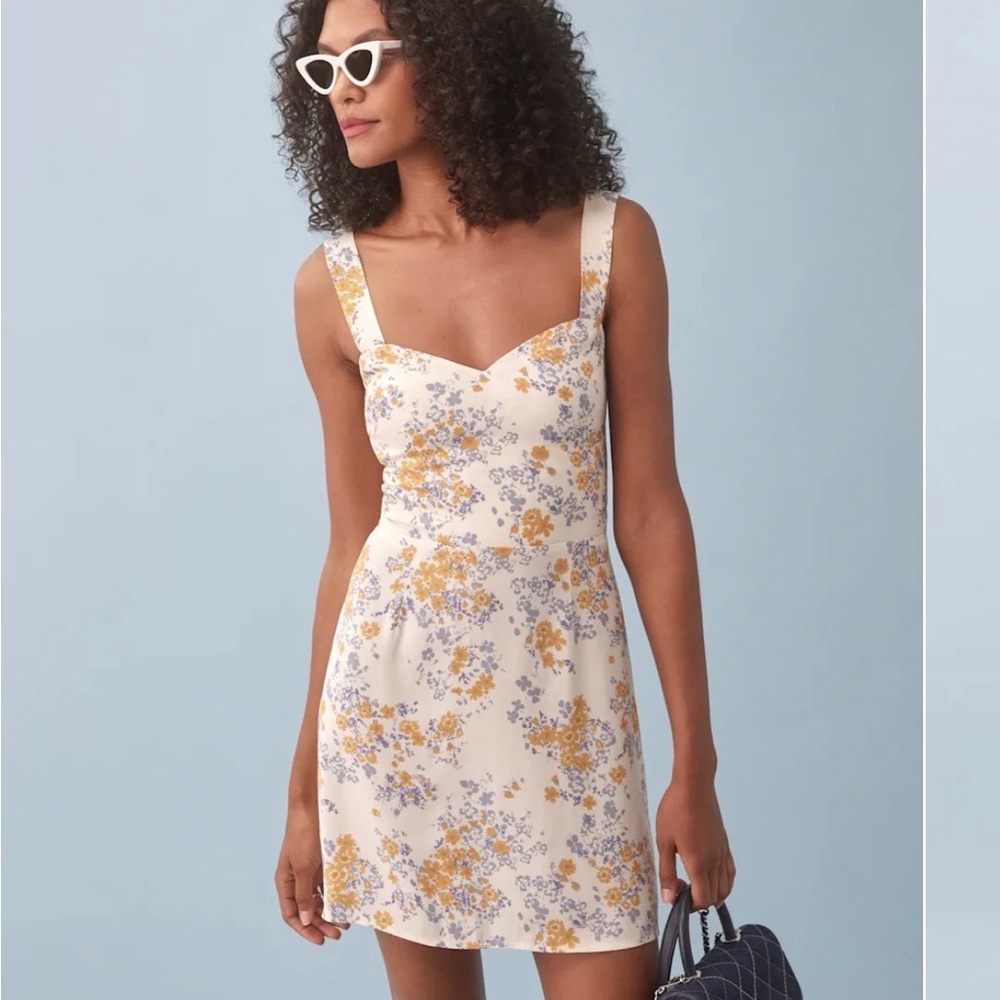 Reformation Humphrey Short Dress, Christina with Yellow & Lavender Flowers